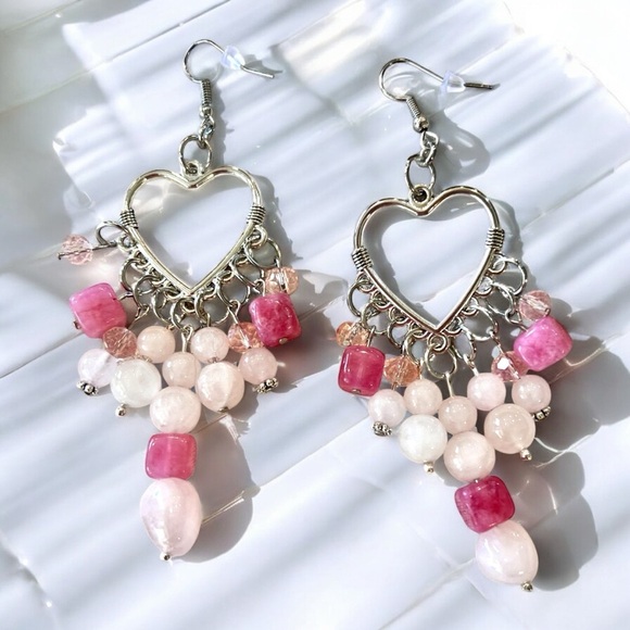 Rose Quartz and Crystals Heart Shaped Silver Toned Chandelier Earrings - Picture 9 of 17